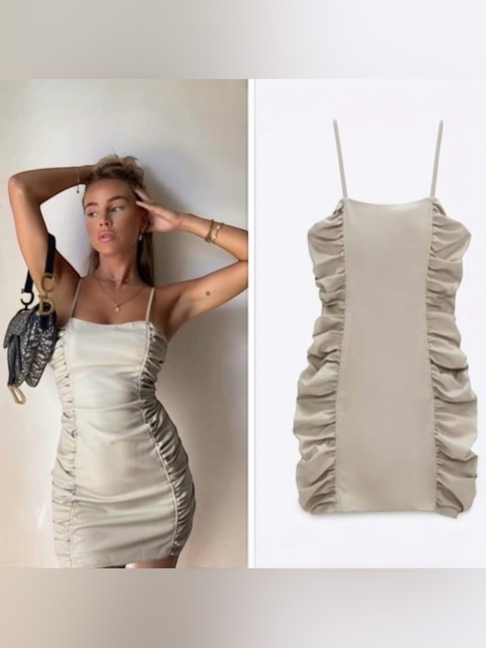 ZARA Blogger Favorite Beige Faux Leather Stretchy Ruched Mini Dress Size XS